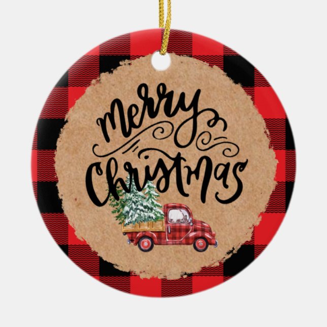 Adorno De Cerámica Cute Buffalo Plaid Truck Christmas Ornament (Frente)