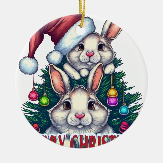 Adorno De Cerámica Cute Bunny Merry Christmas – Holiday Rabbit (Frente)