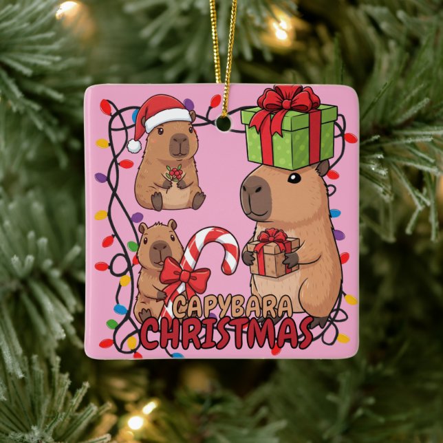 Adorno De Cerámica Cute Capybara Christmas Lights Festive Party Pink (Árbol)