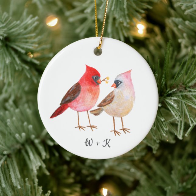 Adorno De Cerámica Cute Cardinal Giving Gifts Couple Custom Christmas (Árbol)