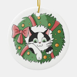 Adorno De Cerámica Cute Cartoon Cat in Christmas Wreath Ornament