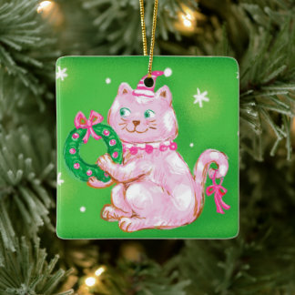 Adorno De Cerámica Cute Cartoon Christmas Cat Holding Wreath