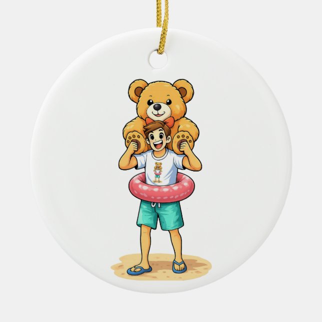 Adorno De Cerámica Cute Cartoon Man with Giant Teddy Bear Summer Fun (Frente)