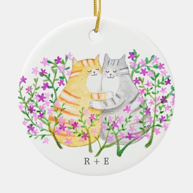 Adorno De Cerámica Cute Cat Couple Flowers Custom initial name year  (Frente)