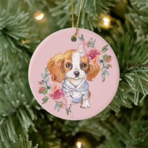 Adorno De Cerámica Cute Cavalier King Charles Spaniel y Flores