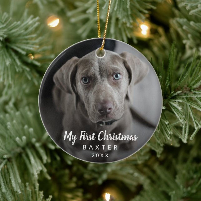 Adorno De Cerámica Cute Chalk Script Dog Photo My First Christmas (Árbol)