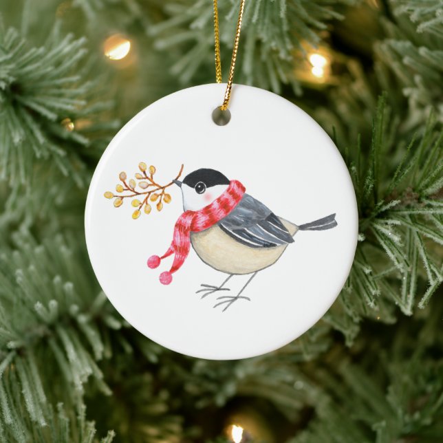 Adorno De Cerámica Cute Chickadee with Golden Sprig Personalized name (Árbol)