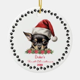 Adorno De Cerámica Cute Chihuahua Perro Paw Santa Hat 1er Navidades