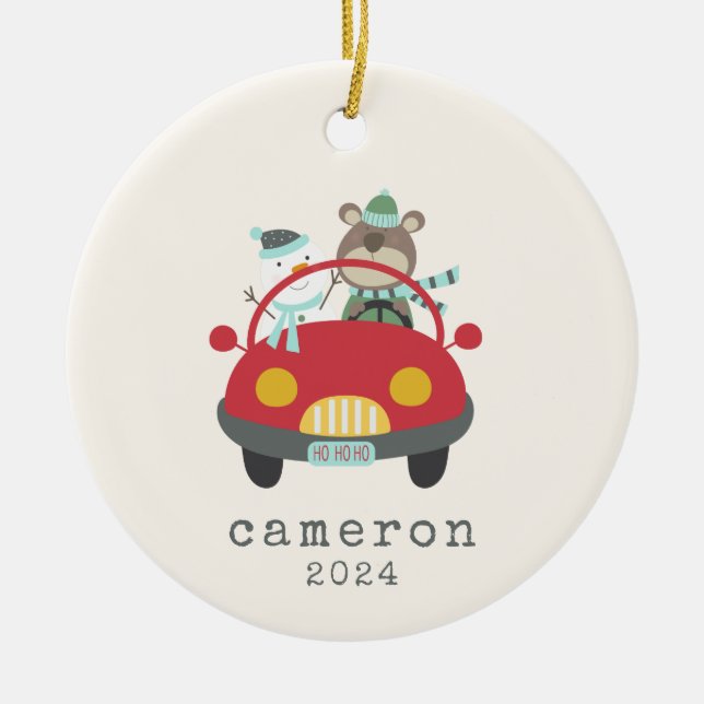 Adorno De Cerámica Cute Christmas Bear Snowman Red Car Personalized (Frente)