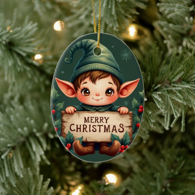 Adorno De Cerámica Cute Christmas Elf Holding Merry Sign Green (Árbol)