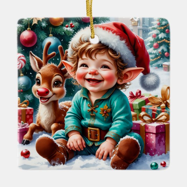 Adorno De Cerámica Cute Christmas Elf & Reindeer  (Anverso)