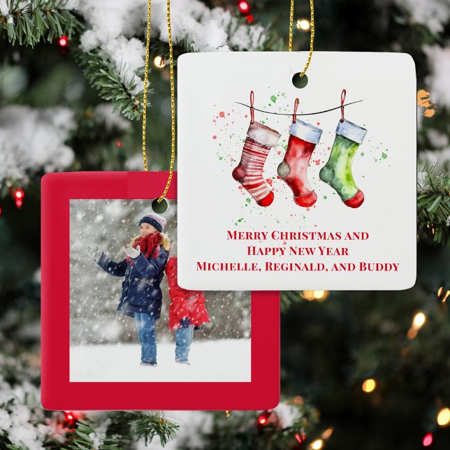 Adorno De Cerámica Cute Christmas Stocking Custom Photo  (Christmas Photo Custom Cute Holiday Stocking Ornament.)