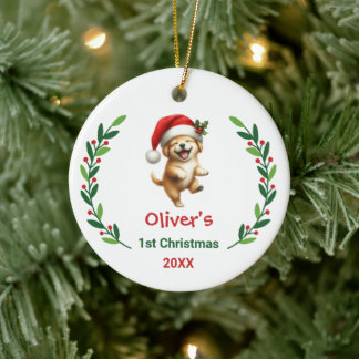 Adorno De Cerámica Cute Custom Baby's First Christmas Festive Puppy