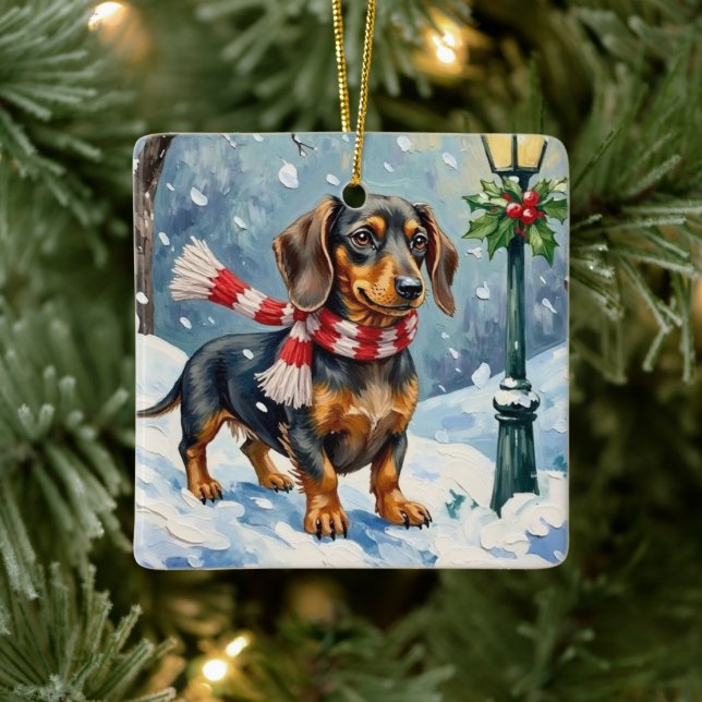 Adorno De Cerámica Cute Dachshund Puppy Cozy Winter Scarf Art (Árbol)