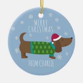 Adorno De Cerámica Cute Daschund Photo Round Christmas