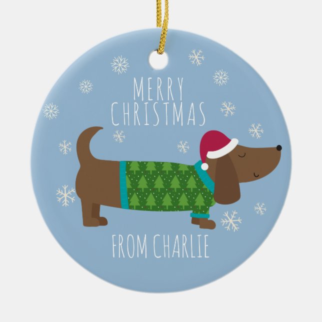 Adorno De Cerámica Cute Daschund Photo Round Christmas (Frente)