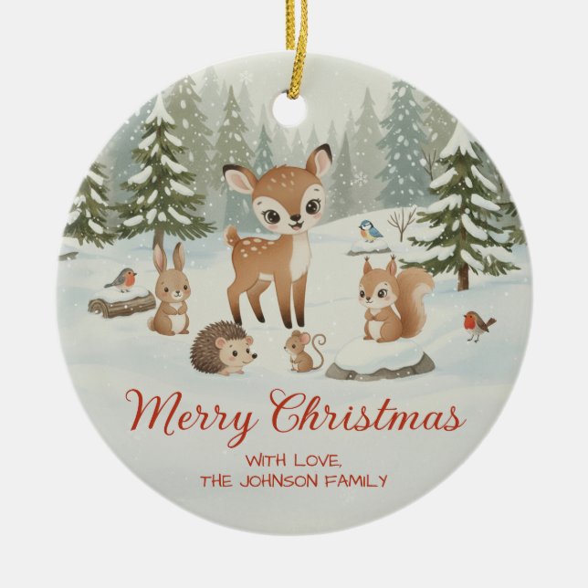 Adorno De Cerámica Cute Deer and Woodland Animals Merry Christmas (Frente)