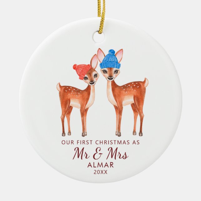 Adorno De Cerámica Cute Deer Couple Personalizada Sr. Sra. Newlyweds (Frente)