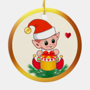 Adorno De Cerámica Cute duende de Navidad & Corazones