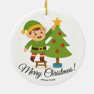 Adorno De Cerámica Cute Elf Decorating Tree Personalized Family Name