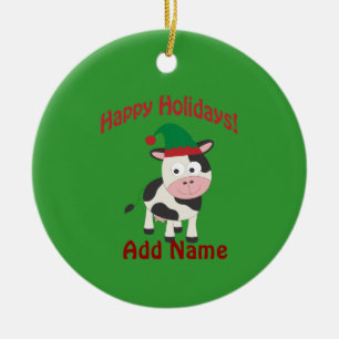 Adorno De Cerámica Cute Felices Fiestas Navidades Elf Cow