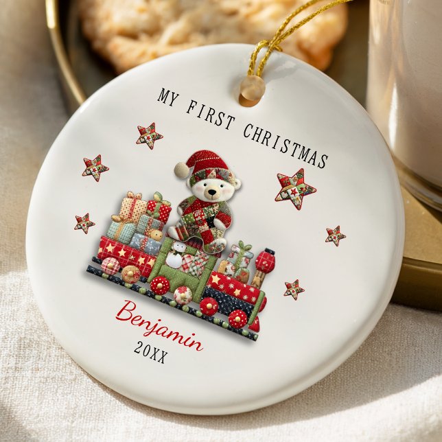 Adorno De Cerámica Cute first baby Christmas patchwork bear train (Subido por el creador)
