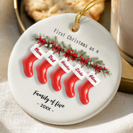 Adorno De Cerámica Cute first Christmas family of five red stockings