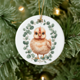 Adorno De Cerámica Cute Fluffy Peach Pollo y Eucalipto Navidad
