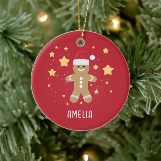 Adorno De Cerámica Cute Gingerbread mujer y estrellas Nombre Personal (Árbol)