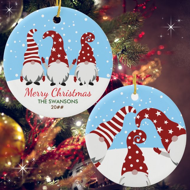 Adorno De Cerámica Cute Gnomes Feliz Navidad Personalizado (Available in multiple shapes and types of ornaments. Customize with name & year. Merry Christmas!)