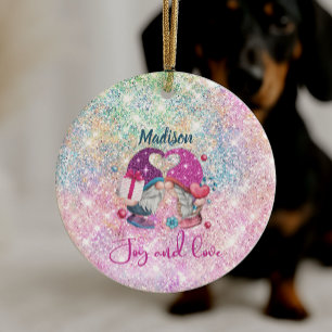 Adorno De Cerámica Cute gnomo de Navidad con monograma de purpurina f