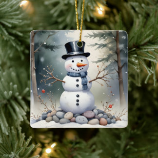Adorno De Cerámica Cute Gorgeous Snowman Frosted Landscape Forest
