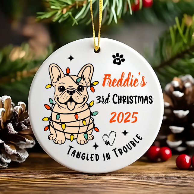 Adorno De Cerámica Cute Hand Drawn French Bulldog's First Christmas (Hand drawn custom French Bulldog Ceramic Ornament)