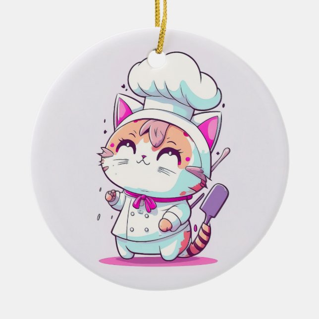 Adorno De Cerámica Cute Happy Baker Pastry Chef Cat Kitten | (Frente)