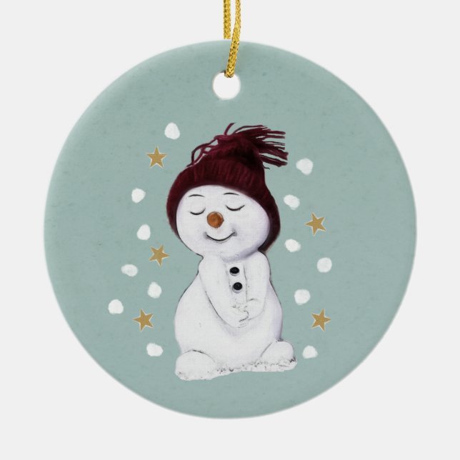 Adorno De Cerámica Cute Happy Snowman Winter Blue Navidades (Frente)