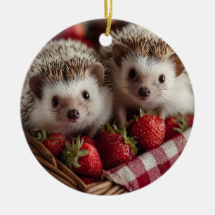 Adorno De Cerámica Cute Hedgehogs buscando desde una cesta de fresas