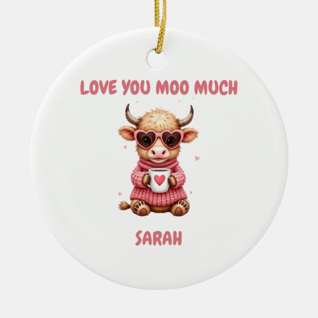 Adorno De Cerámica Cute Highland Cow Valentine Heart Glasses Coffee m (Frente)
