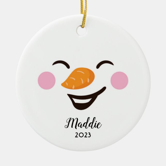 Adorno De Cerámica Cute, joly snowman cara nombre personalizado, año (Frente)