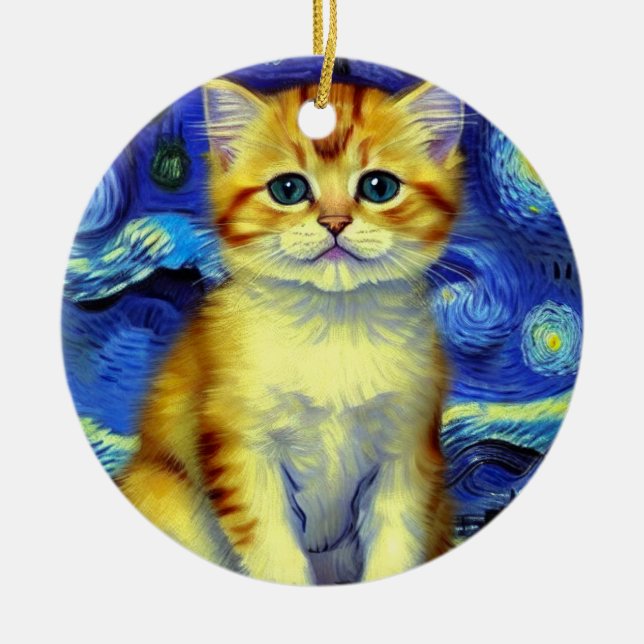 Adorno De Cerámica Cute Kitten Starry Night Van Gogh (Frente)