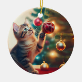 Adorno De Cerámica Cute Little Kitten Playing With Christmas Bulb