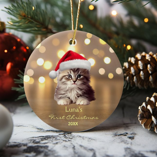 Adorno De Cerámica Cute Maine Coon Cat Santa Hat Gold Personalizado (Subido por el creador)