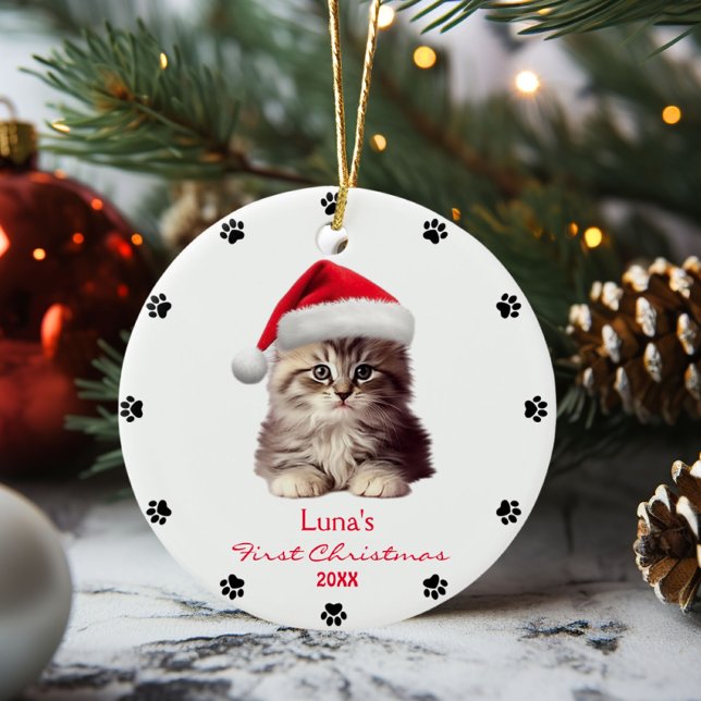 Adorno De Cerámica Cute Maine Coon Cat Santa Hat Paw Personalizado (Subido por el creador)