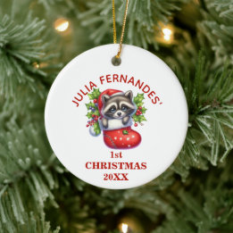 Adorno De Cerámica Cute Mapache Primera Navidad Personalizada