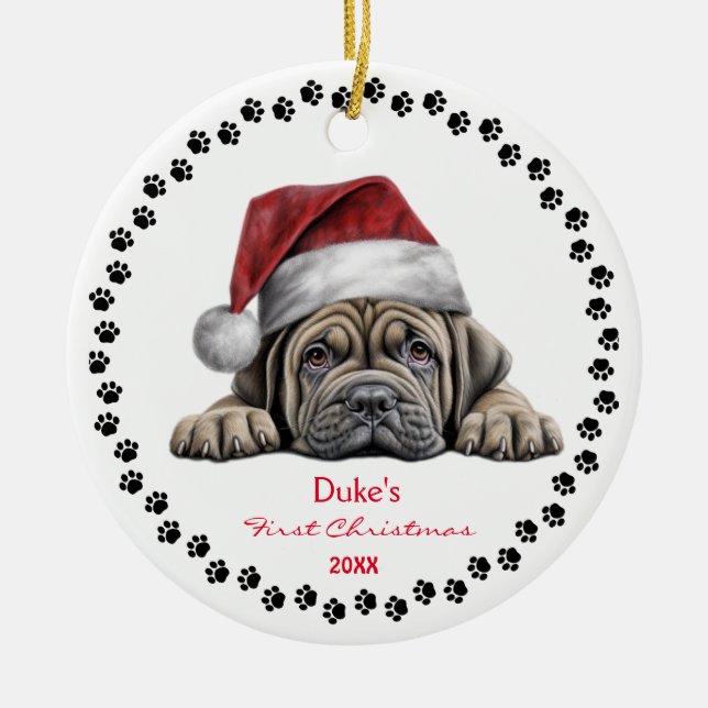 Adorno De Cerámica Cute Mastiff Perro Santa Hat Paw Primer Navidades (Frente)