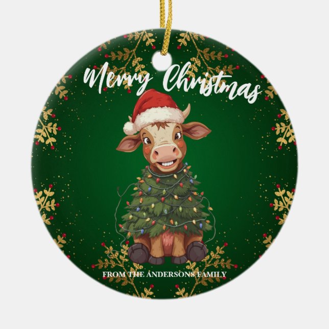 Adorno De Cerámica Cute merry Cow Christmas tree calf ox Xmas pattern (Frente)