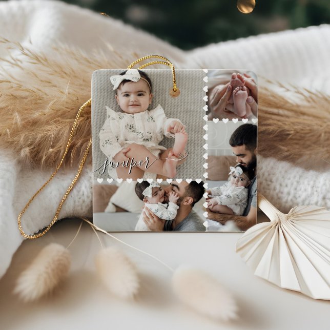 Adorno De Cerámica Cute Minimal Heart Baby Photo Collage Script Name (Cute Minimal Heart Baby Photo Collage Script Name Ceramic Ornament)