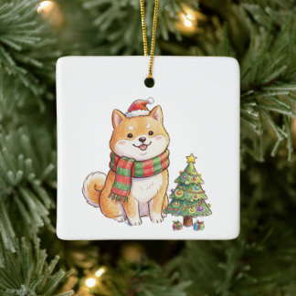 Adorno De Cerámica Cute Navidad Shiba Inu con sombrero y bufanda de S