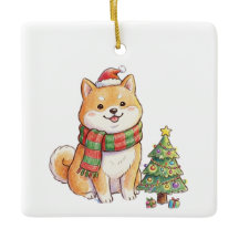 Cute Navidad Shiba Inu con sombrero y bufanda de S