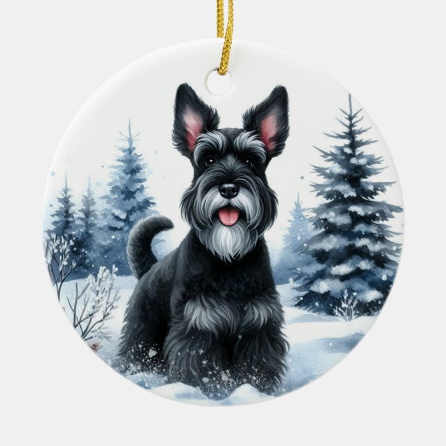 Adorno De Cerámica Cute negro Schnauzer Escenario Navidades de invier (Frente)