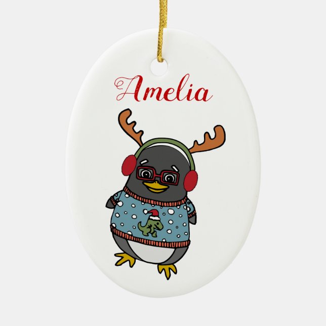 Adorno De Cerámica Cute Nerd Penguin | Navidades de nombres personali (Frente)